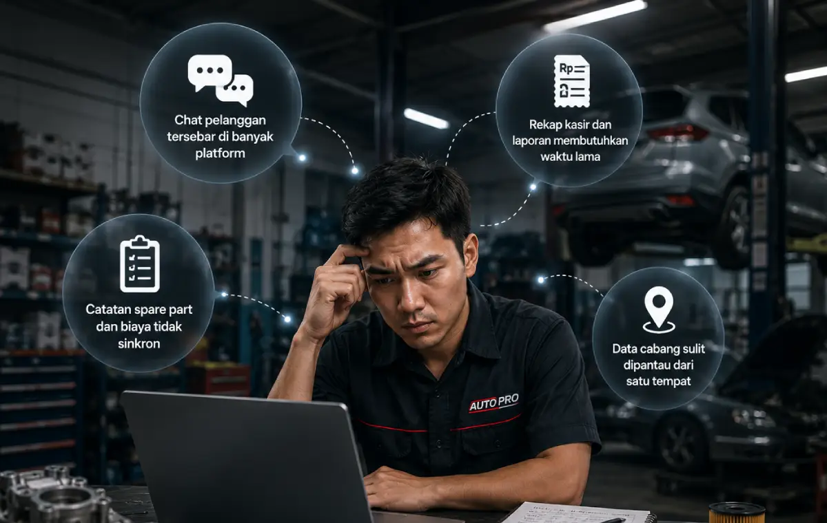 Dashboard AutoPro yang menggabungkan data operasional bengkel